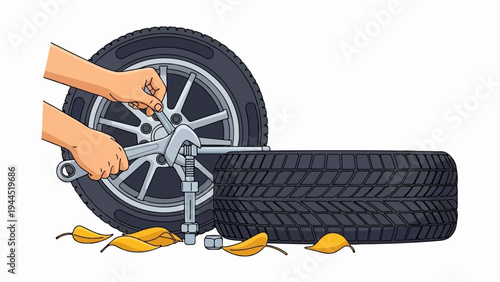 Person using wrench on tire with another tire and leaves nearby