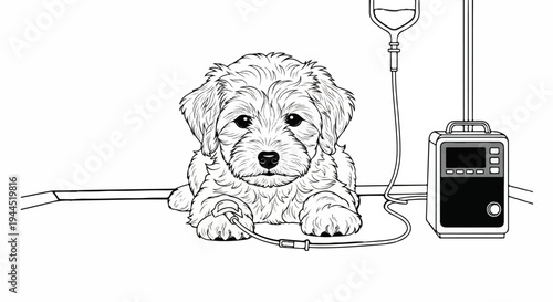 Fluffy puppy connected to medical equipment, lying down