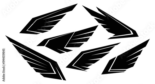 Five stylized black wings arranged in a dynamic formation against a plain background