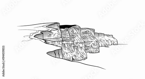 Dramatic cliffs with a winding path descend towards a vast, empty expanse