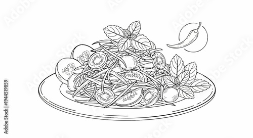 Fresh salad with tomatoes, cucumbers, basil and chili pepper in a dish