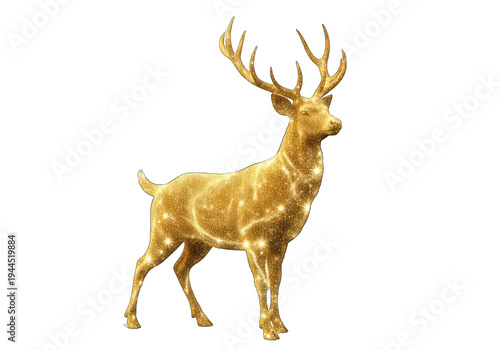 Golden deer statue with intricate antlers standing majestically isolated on transparent background