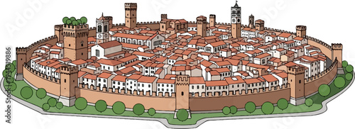 Ornate walled medieval town with towers and terracotta roofs