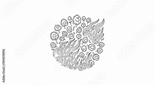 Hand-drawn illustration of trees and flames in a circular pattern