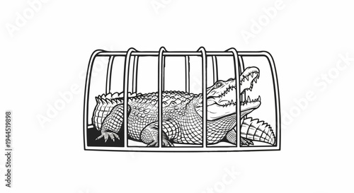 An alligator with sharp teeth is trapped inside a metal cage
