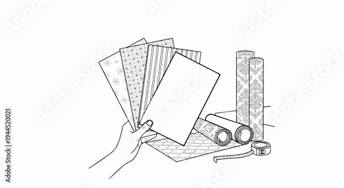 Hand holding patterned papers, rolls of wallpaper and tape measure
