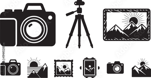 Photography icons and symbols in black and white style