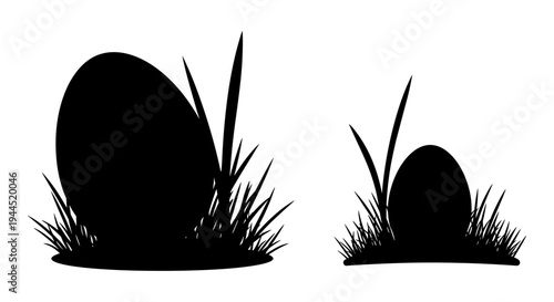 Two contrasting eggs emerging from grassy patches in a minimalist black and white illustration Vector, illustration