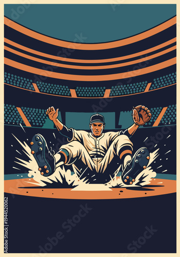 Baseball player sliding into home plate in dynamic stadium scene, retro sports poster design with dramatic dust effect, perfect for tournament promotion and championship wall art prints