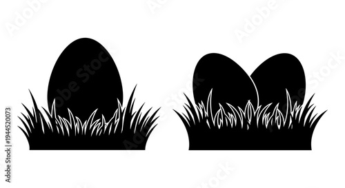 Two black silhouettes of eggs nestled in contrasting grass patches against a white background Vector, illustration