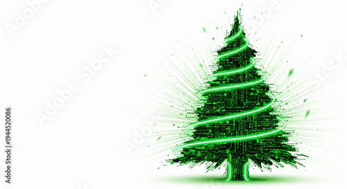 Green digital Christmas tree with glowing spiral and radiant rays