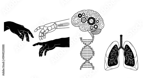 Illustration of human respiratory system with an insect and mechanical ventilator