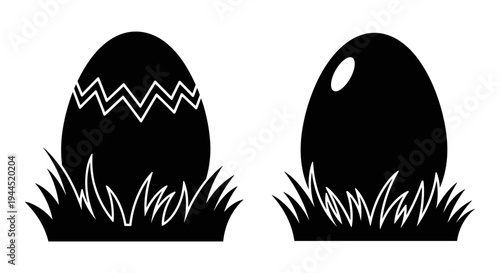 Two contrasting easter eggs depicted with decorative patterns in black and white Vector, illustration