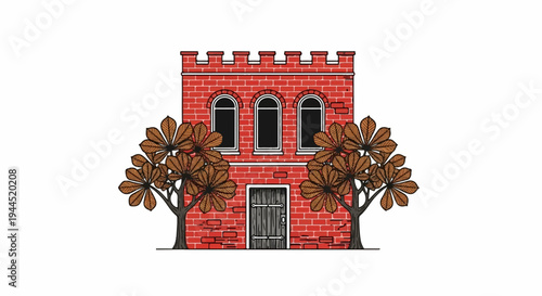 Red brick building with arched windows and flanking trees