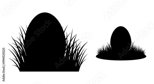Two contrasting eggs emerging from grassy nests in silhouette style Vector, illustration