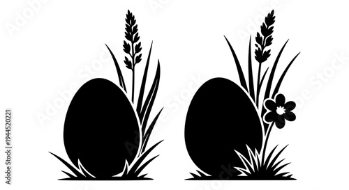 Two stylized eggs adorned with wheat and flowers in a minimalist black and white design Vector, illustration