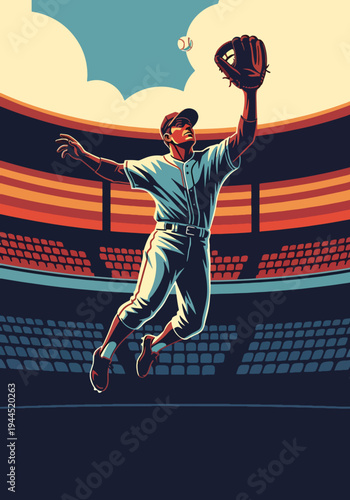Baseball outfielder jumping high to catch ball under stadium lights in bold retro sports poster style, dramatic championship theme ideal for tournament promotion and wall art decor