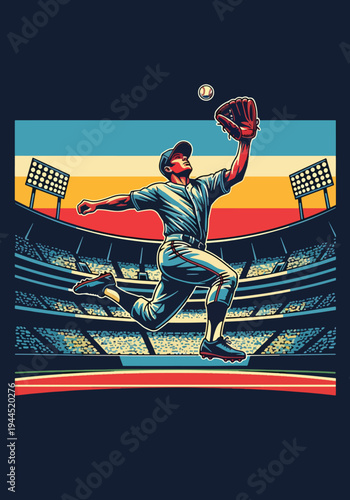 Baseball outfielder jumping high to catch ball under stadium lights in bold retro sports poster style, dramatic championship theme ideal for tournament promotion and wall art decor
