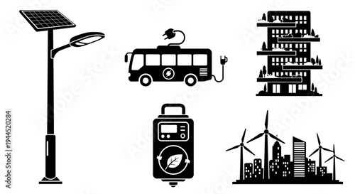 Illustrated icons of renewable energy and public transportation sources