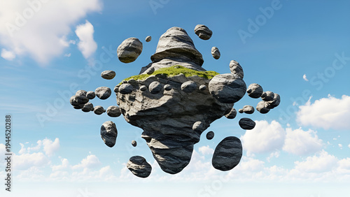 Floating rocks island with lush greenery anti-gravity surreal landscape
