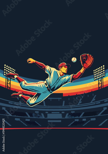 Baseball outfielder jumping high to catch ball under stadium lights in bold retro sports poster style, dramatic championship theme ideal for tournament promotion and wall art decor