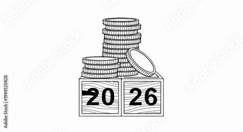 Stacks of coins perched atop wooden blocks displaying the year 2026