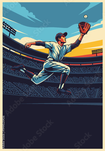Baseball outfielder jumping high to catch ball under stadium lights in bold retro sports poster style, dramatic championship theme ideal for tournament promotion and wall art decor