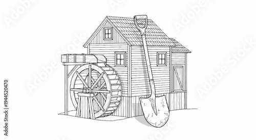 Rustic watermill with a shovel leaning against its wooden side