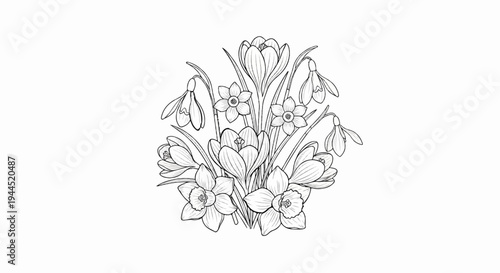 Delicate line drawing of spring flowers, including crocuses, daffodils, and snowdrops