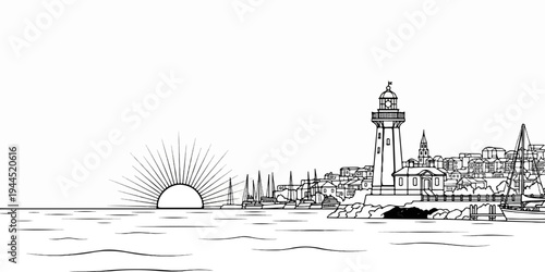 Line art of a coastal town with a lighthouse, boats, and rising sun over the sea
