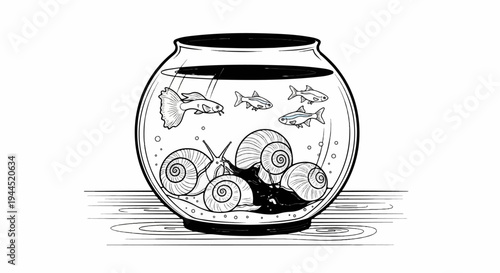 Line art illustration of a glass fishbowl with snails and fish inside