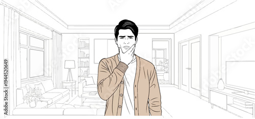 A young man thoughtfully touches his chin in a stylishly drawn living room