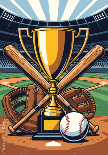 Baseball championship trophy with bat, glove and cap on stadium field in bold retro sports poster style, powerful tournament award concept ideal for event promotion and wall art prints