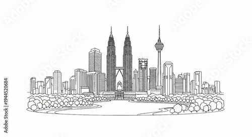 Sketch of a modern city skyline featuring iconic twin towers and a tall observation tower, with parkland