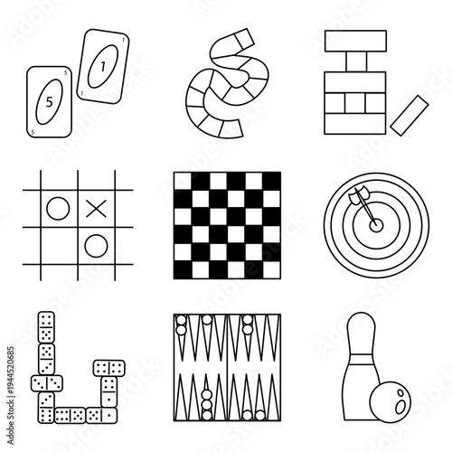Set of vector linear simple flat icons of board games on a white background
