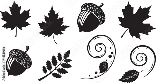 Autumn Leaves and Acorns Silhouette Vector Graphics Collection