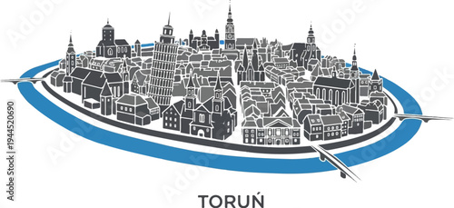 Stylized cityscape with distinct buildings and a curving blue river pathway