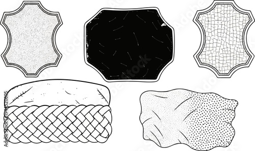 Five textured graphic elements in black and white, some abstract