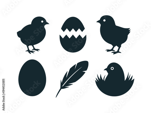 Silhouettes of hatching chicks, eggs, and a single feather are grouped together.