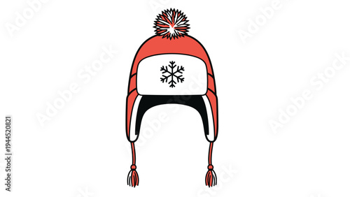 Warm red and white winter hat with earflaps and a pom-pom is decorated with a black snowflake symbol on a plain white background.