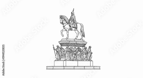 Ornate equestrian statue with surrounding figures, rendered in black outline