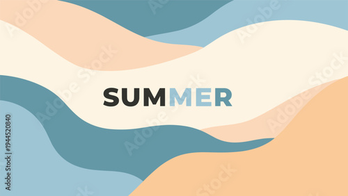 Abstract summer background features flowing wavy layers in shades of teal, blue, and sand with the word SUMMER written in the center.