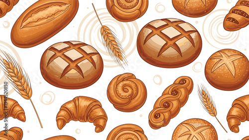 Tasty seamless pattern is filled with various types of fresh bread, croissants, sweet rolls, and golden ears of wheat for a bakery theme.