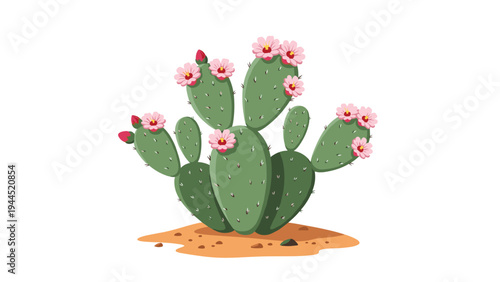 Prickly pear cactus with several green pads and blooming pink flowers is illustrated growing on a small patch of desert sand and rocks.