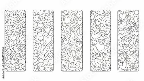 Five decorative bookmarks with swirling patterns and various sized hearts