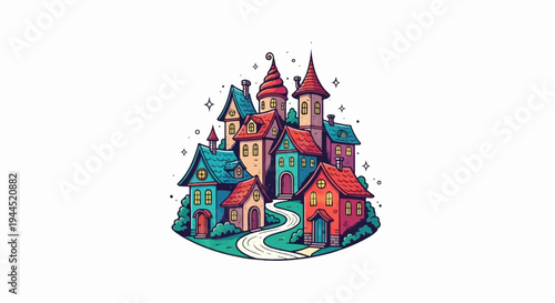 A whimsical village with colorful houses and winding paths