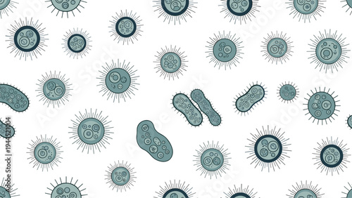 Seamless pattern featuring various microorganisms like bacteria and viruses in shades of blue on a white background.