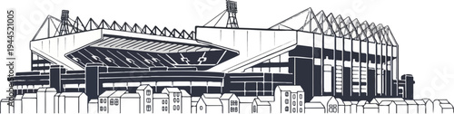 Stylized illustration of a large sports stadium with surrounding buildings in silhouette