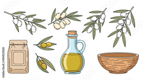 Collection of olive branches with fruit, a glass bottle of oil, a paper bag, and a wooden bowl for healthy cooking.