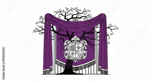 Ornate crest framed by dark tree branches and purple draped curtains